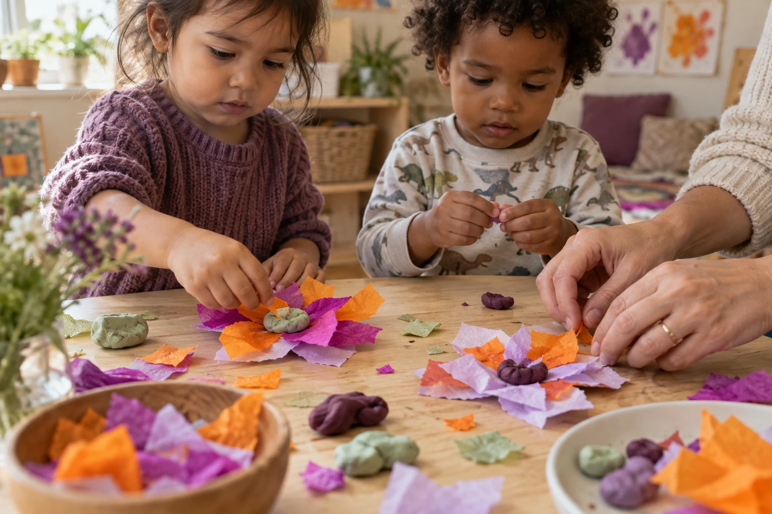 Children and a caregiver making paper flowers together