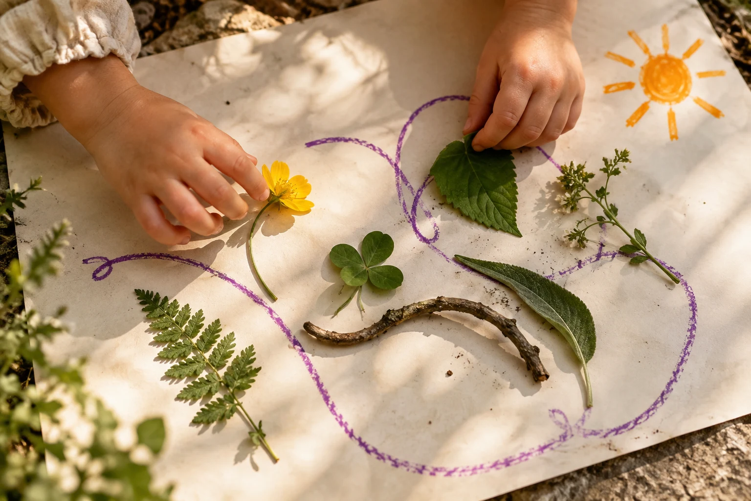Small hands exploring leaves and craft materials